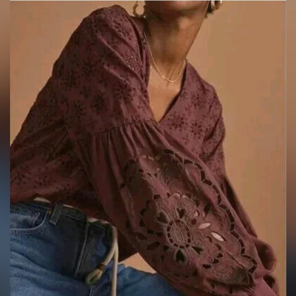 Anthropologie Top Rasberry Eyelet Embroidered Long Balloon Sleeve Size M - Picture 2 of 12